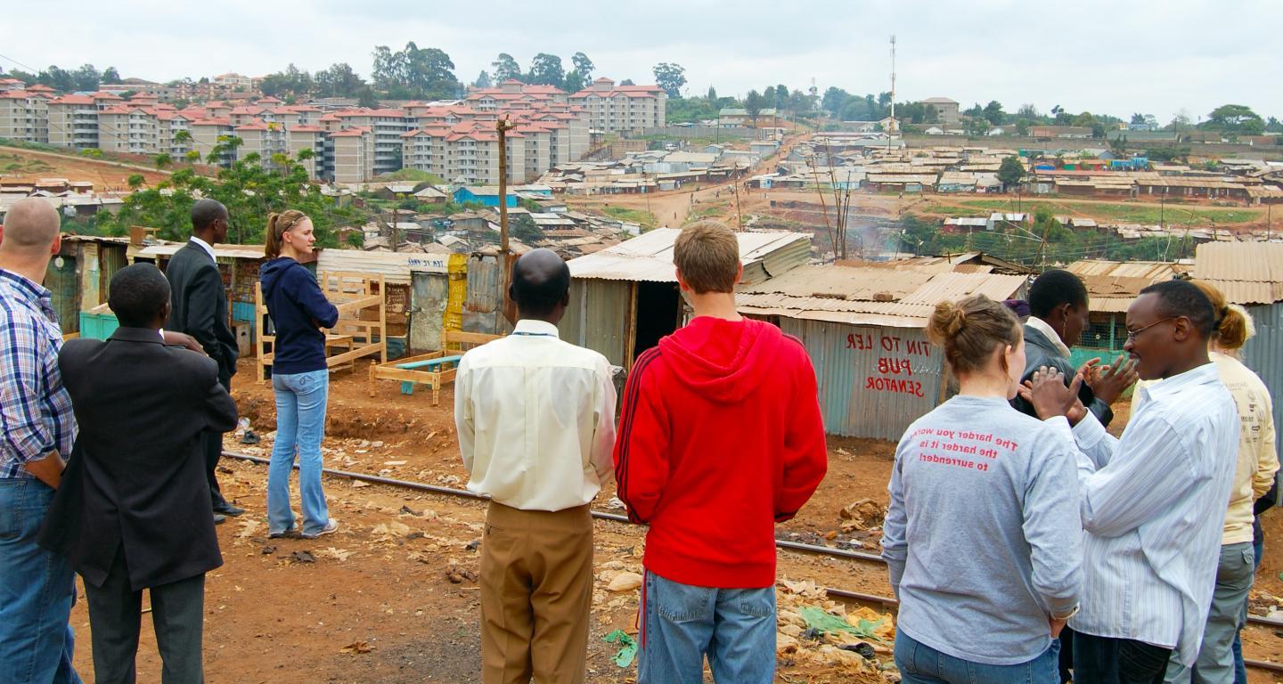 Students looking over a village on a service trip.